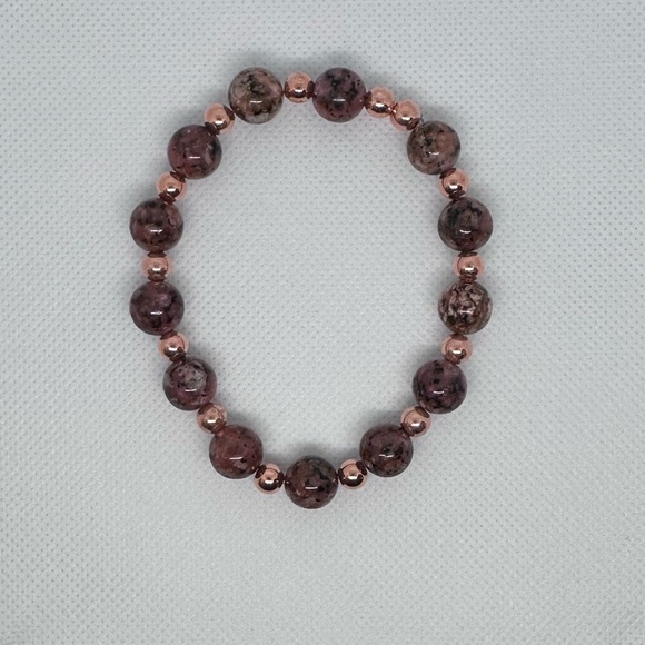 Rhodonite bracelet with rise gold tone color handmade stretchy - Picture 7 of 8